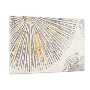 Cuadro sobre vidrio - Impresiones sobre Vidrio - Líneas radiales en tonos dorados y grises sobre un fondo claro. - 120x80cm - Belleza lineal - Decoración de pared moderna para salón y dormitorio ARTTOR