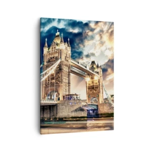 Cuadro sobre lienzo - Impresión de Imagen - El Tower Bridge al anochecer contra un cielo dinámico - 50x70cm - Un monumento a un imperio victoriano - Decoración de pared moderna para salón y dormitorio ARTTOR