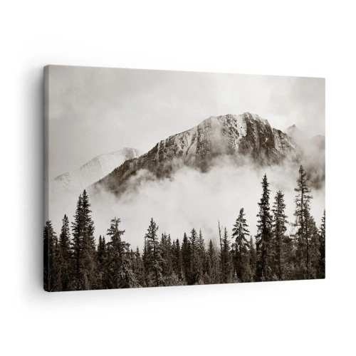 Cuadro sobre lienzo - Impresión de Imagen - Un pintoresco pico de montaña rodeado de niebla y un bosque en tonos sepia. - 70x50cm - Gobernante de granito - Decoración de pared moderna para salón y dormitorio ARTTOR