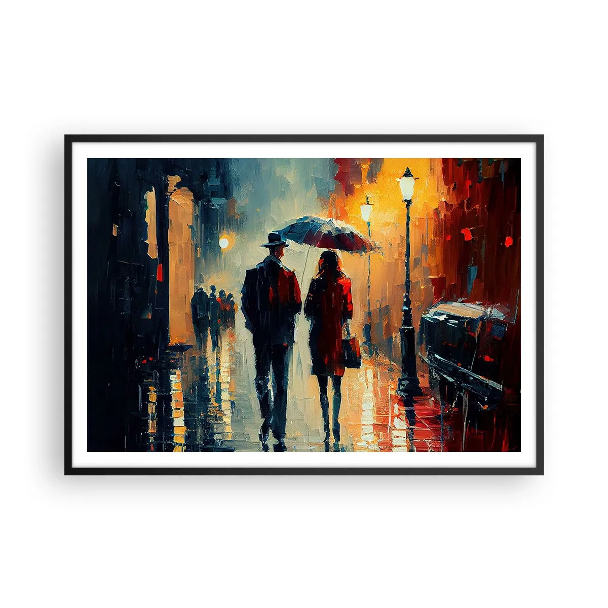 Póster en marco negro - Caminando bajo la lluvia bajo un paraguas en la ciudad por la noche. - 100x70cm - Historia de amor urbana - Decoración de pared moderna para salón y dormitorio ARTTOR