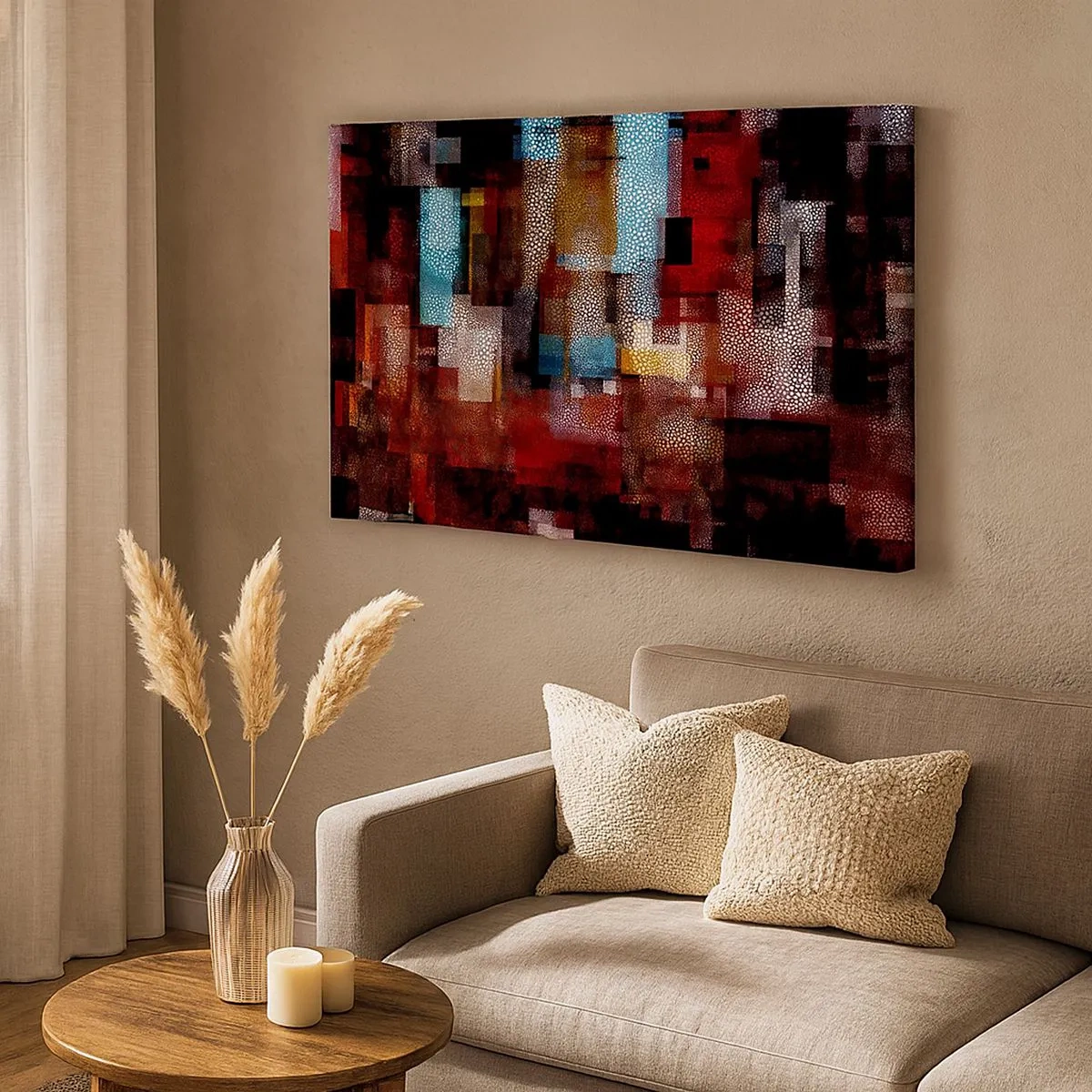 Cuadro sobre lienzo - Impresión de Imagen - Abstracción geométrica en intensos tonos rojos. - 70x50cm - Confusión y desconcierto - Decoración de pared moderna para salón y dormitorio ARTTOR