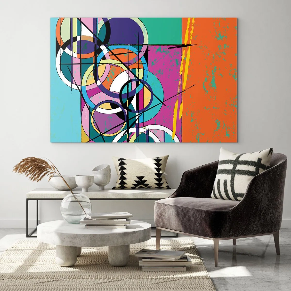 Cuadro sobre vidrio - Impresiones sobre Vidrio - Abstracción colorida con formas geométricas y círculos. - 120x80cm - Círculo sobre círculo - Decoración de pared moderna para salón y dormitorio ARTTOR