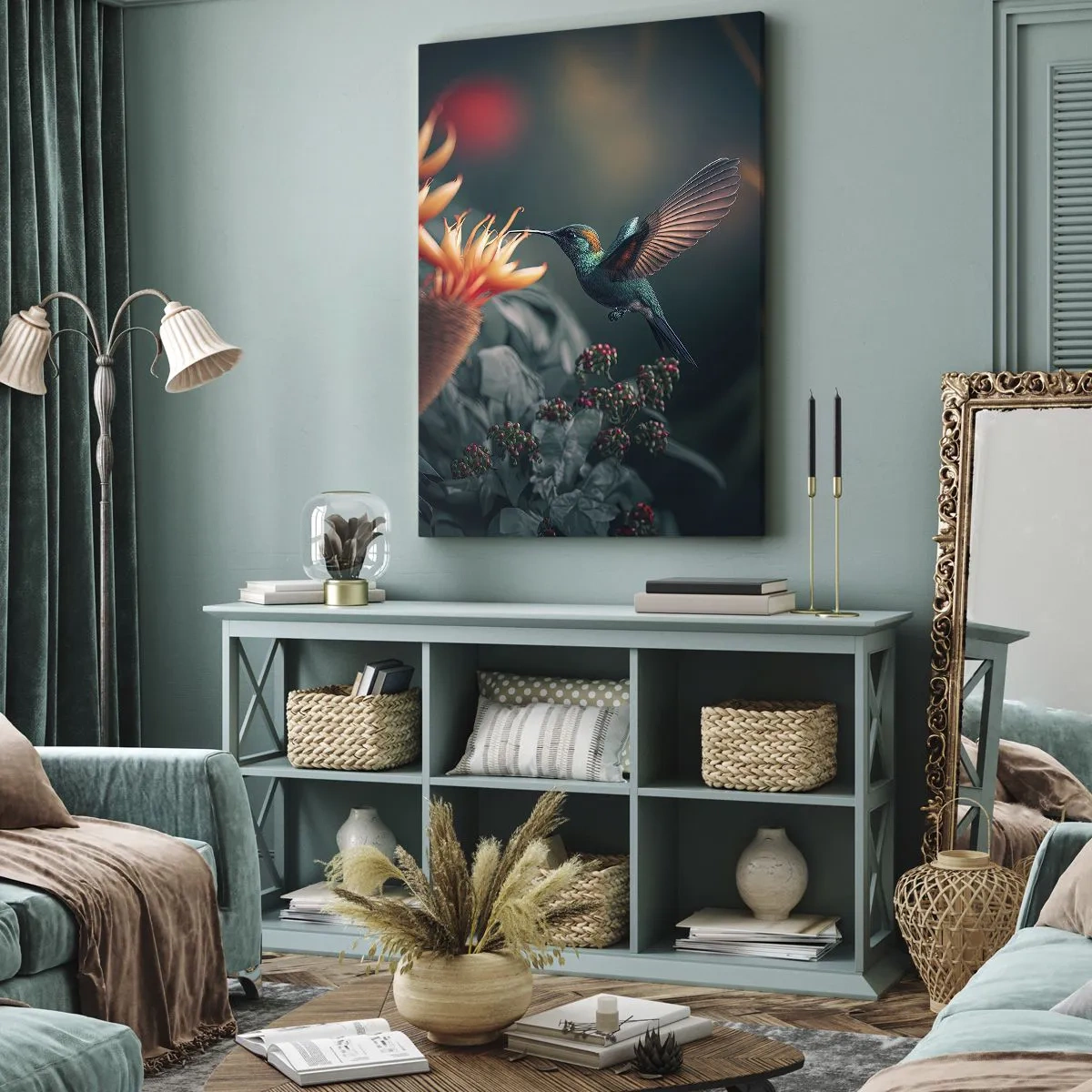 Cuadro sobre lienzo - Impresión de Imagen - Un colibrí colorido junto a las flores contra un fondo natural. - 50x70cm - Una vida verdaderamente colorida - Decoración de pared moderna para salón y dormitorio ARTTOR