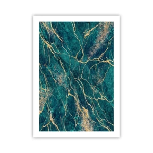 Póster - Vetas doradas abstractas sobre un fondo de mármol verde - 50x70cm - Riachuelos de oro - Decoración de pared moderna para salón y dormitorio ARTTOR