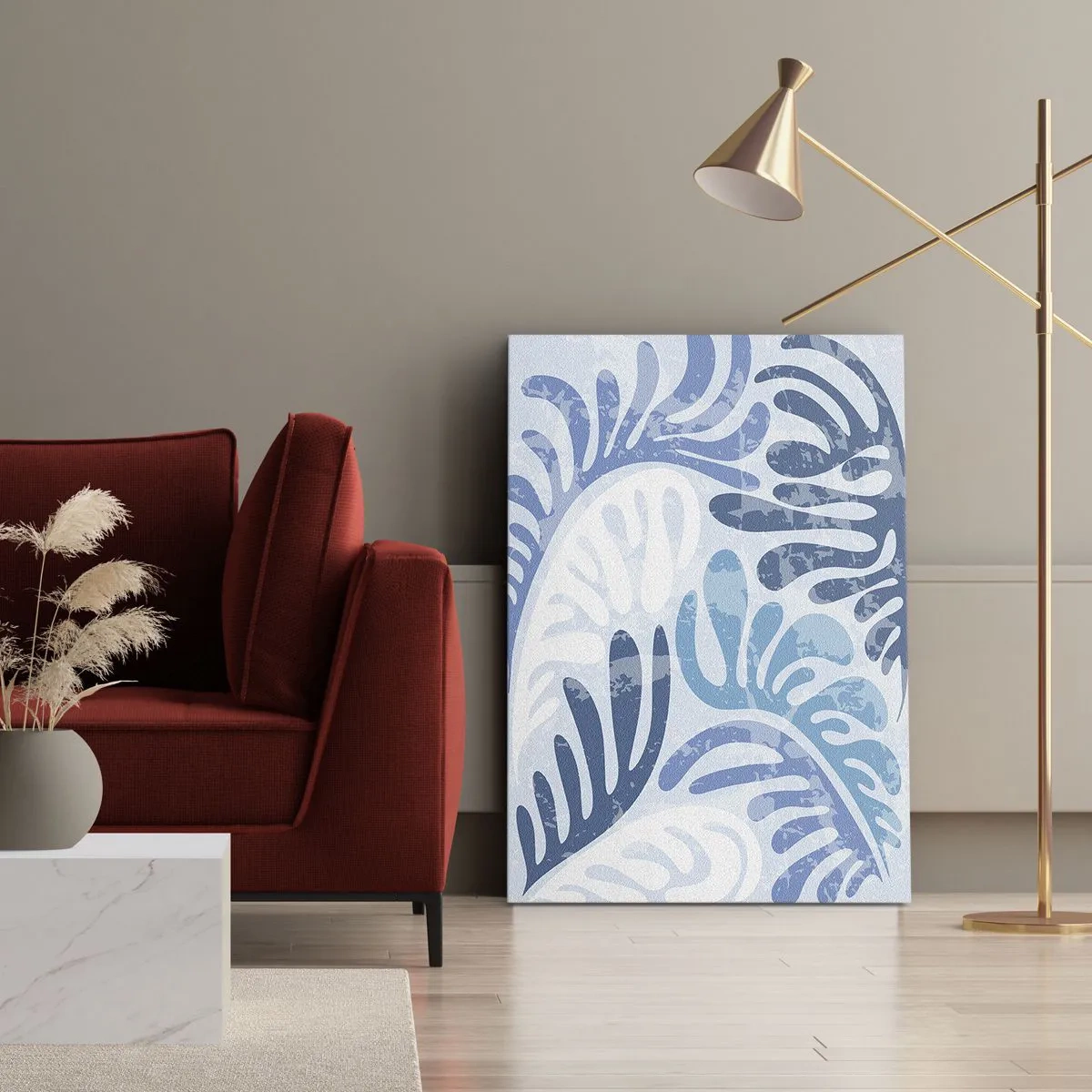 Cuadro sobre lienzo - Impresión de Imagen - Formas abstractas en tonos azules sobre un fondo blanco. - 50x70cm - Helechos azules - Decoración de pared moderna para salón y dormitorio ARTTOR
