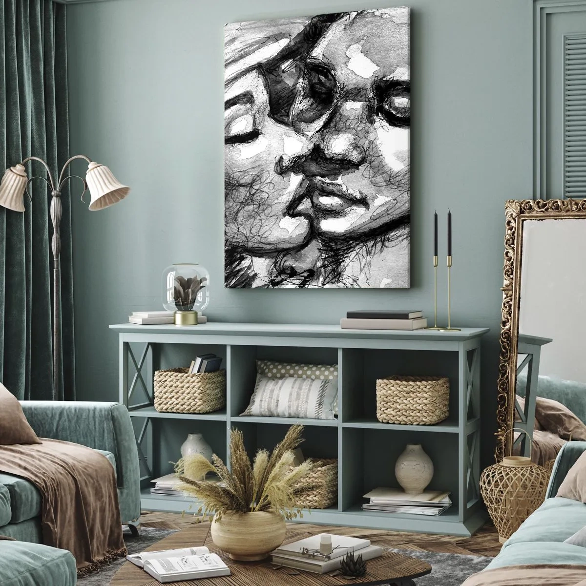 Cuadro sobre lienzo - Impresión de Imagen - Una acuarela en blanco y negro que representa un momento íntimo entre dos personas. - 80x120cm - Un momento tierno - Decoración de pared moderna para salón y dormitorio ARTTOR