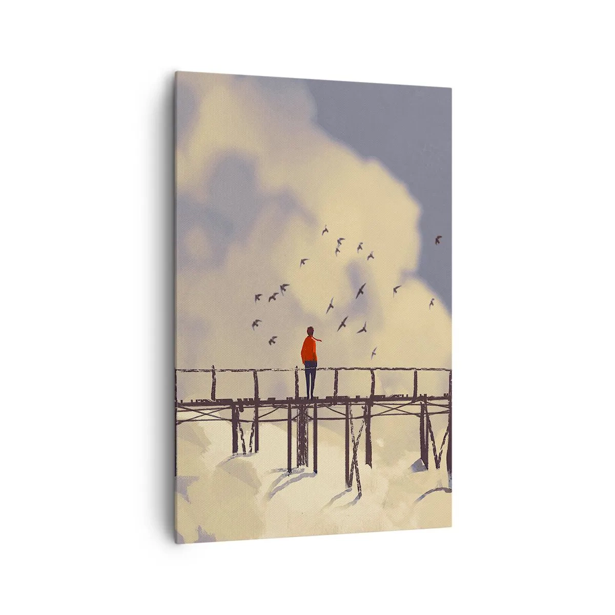 Cuadro sobre lienzo - Impresión de Imagen - Una figura en un puente entre nubes con pájaros en el cielo. - 80x120cm - Anhelo azul - Decoración de pared moderna para salón y dormitorio ARTTOR