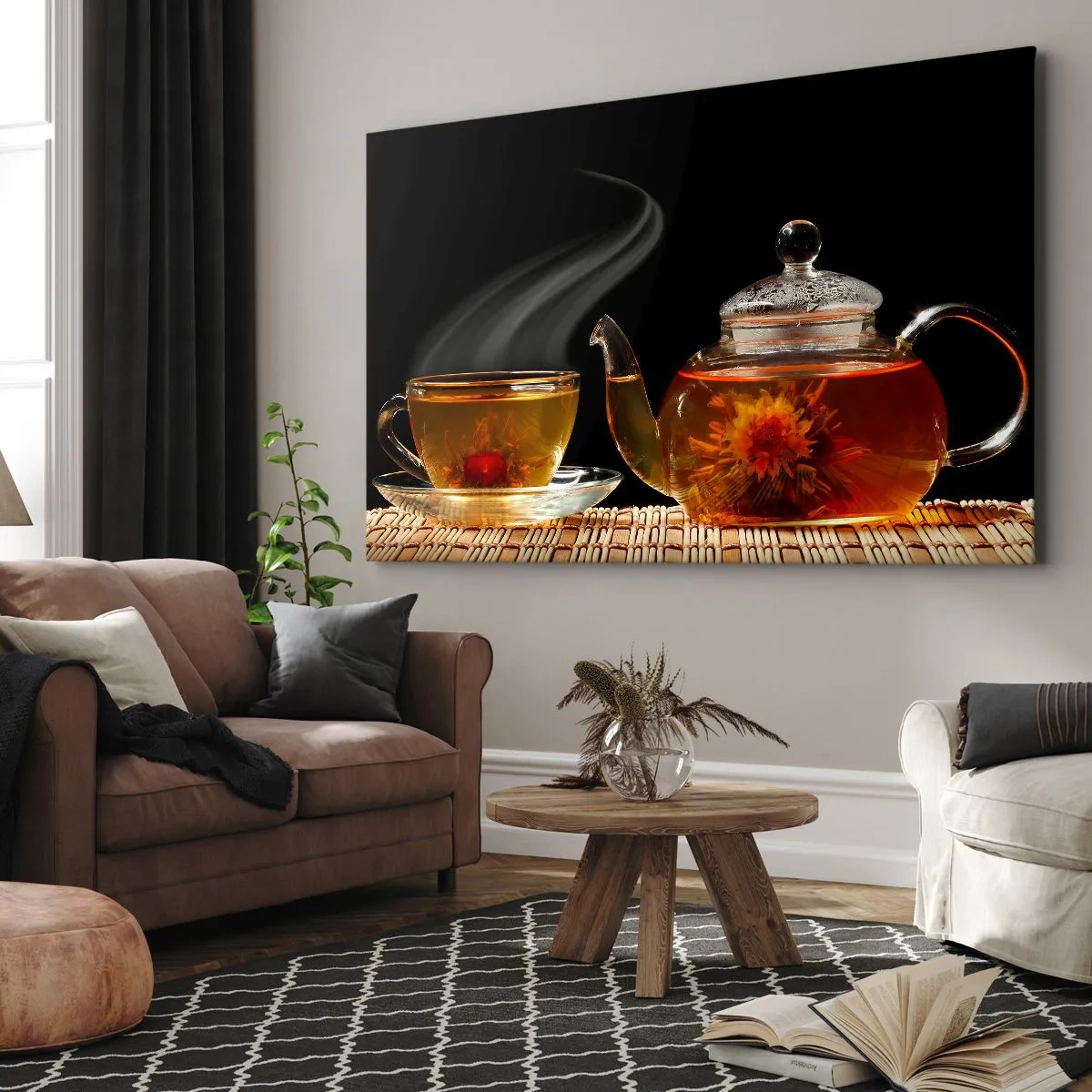 Cuadro sobre lienzo - Impresión de Imagen - Tetera de cristal con té de flores y una taza. - 100x70cm - Magia y el arte del té - Decoración de pared moderna para salón y dormitorio ARTTOR