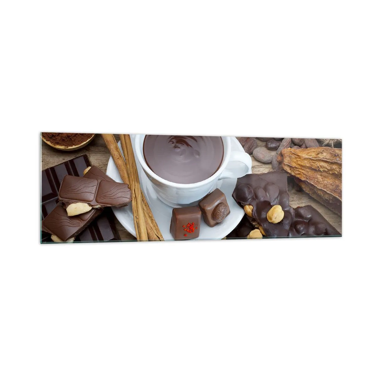 Cuadro sobre vidrio - Impresiones sobre Vidrio - Una taza de chocolate caliente rodeada de ingredientes de postre. - 160x50cm - Chocolate de ensueño - Decoración de pared moderna para salón y dormitorio ARTTOR
