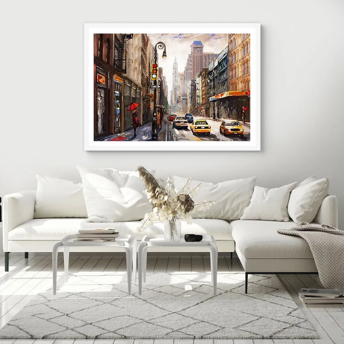 Póster en marco blanco - Nueva York - también colorida bajo la lluvia - 70x50 cm