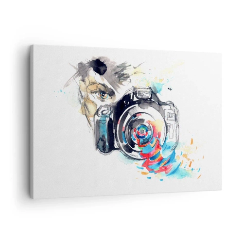 Cuadro sobre lienzo - Impresión de Imagen - Cámara de acuarela con detalles coloridos. - 70x50cm - En el objetivo - Decoración de pared moderna para salón y dormitorio ARTTOR