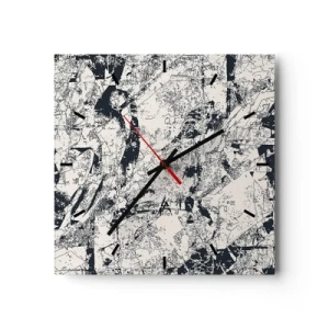 Reloj de pared - Reloj de vidrio - Composición abstracta en blanco y negro con un diseño dinámico. - 30x30cm - La interpenetración de los opuestos - Decoración de pared moderna para salón y dormitorio ARTTOR