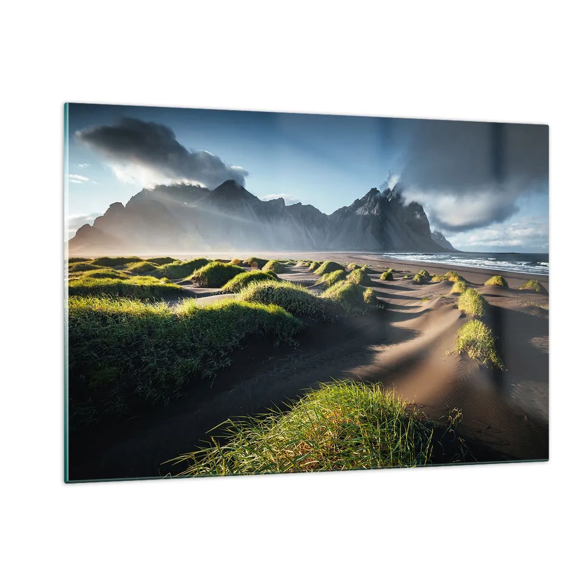 Cuadro sobre vidrio - Impresiones sobre Vidrio - Paisaje islandés con playa negra y montañas - 120x80cm - Armonía de los elementos - Decoración de pared moderna para salón y dormitorio ARTTOR