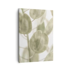 Cuadro sobre lienzo - Impresión de Imagen - Una delicada pintura de hojas en tonos pastel de verde sobre un fondo claro. - 50x70cm - Al principio de los tiempos había hojas... - Decoración de pared moderna para salón y dormitorio ARTTOR