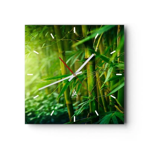 Reloj de pared - Reloj de vidrio - Bosque de bambú verde bajo una luz suave - 30x30cm - Conocer el propio verdor - Decoración de pared moderna para salón y dormitorio ARTTOR