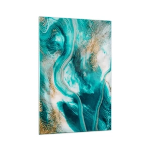 Cuadro sobre vidrio - Impresiones sobre Vidrio - Abstracción turquesa con acentos blancos y dorados. - 70x100cm - Río de oro - Decoración de pared moderna para salón y dormitorio ARTTOR