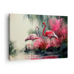 Cuadro sobre lienzo - Impresión de Imagen - Flamencos junto al agua rodeados de vegetación. - 70x50cm - Una lección de encanto natural - Decoración de pared moderna para salón y dormitorio ARTTOR