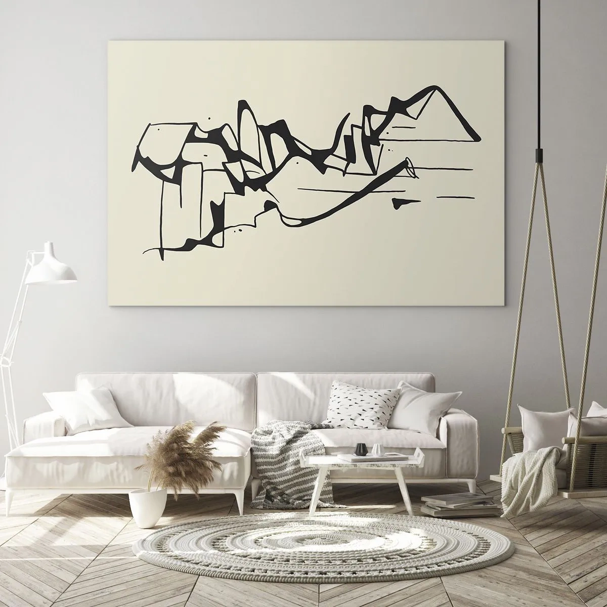 Cuadro sobre vidrio - Impresiones sobre Vidrio - Línea abstracta en blanco y negro que forma el contorno de un paisaje. - 70x50cm - Tal vez sea un paisaje - Decoración de pared moderna para salón y dormitorio ARTTOR
