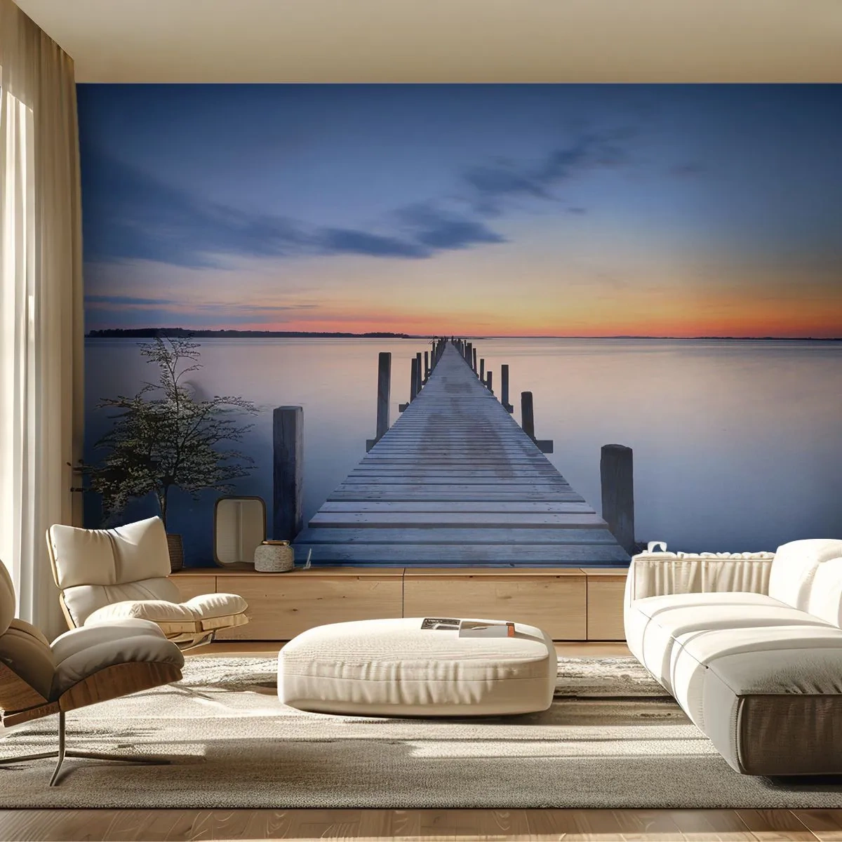 Fotomural Premium Sand - Un puente de madera que conduce hacia un lago tranquilo. - 100x70cm - La calma de un crepúsculo sereno - Decoración de pared moderna para salón y dormitorio ARTTOR