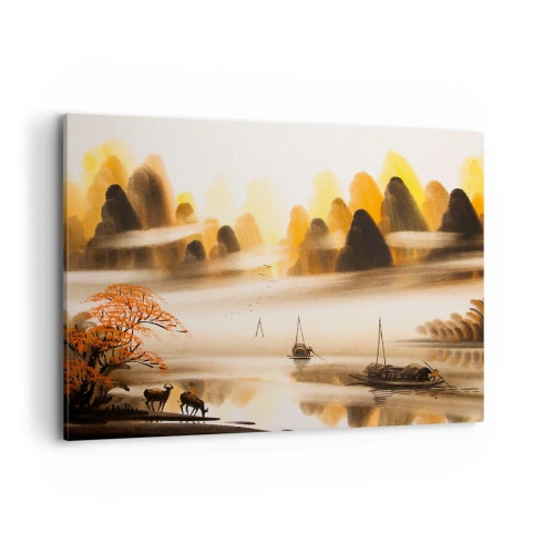 Cuadro sobre lienzo - Impresión de Imagen - Un paisaje oriental con un río, montañas y una suave niebla. - 100x70cm - Más allá del Lejano Oriente - Decoración de pared moderna para salón y dormitorio ARTTOR