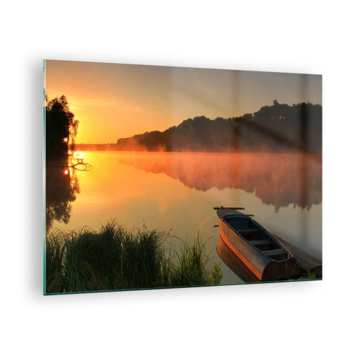 Cuadro sobre vidrio - Impresiones sobre Vidrio - Amanecer sobre un lago tranquilo con un barco en la orilla - 70x50cm - Amanecer sobre el agua como la superficie de un espejo - Decoración de pared moderna para salón y dormitorio ARTTOR
