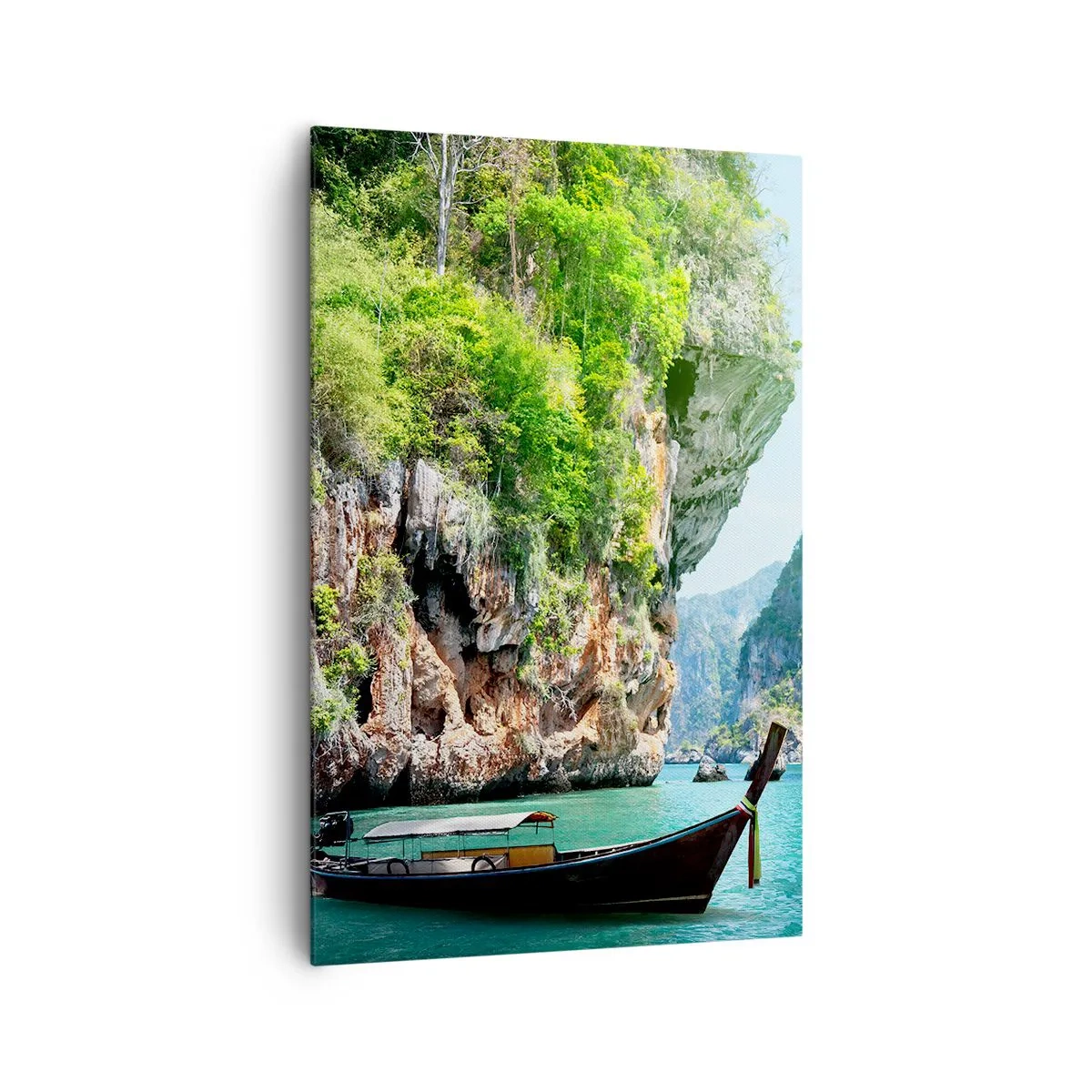 Cuadro sobre lienzo - Impresión de Imagen - Un barco tradicional con un telón de fondo de acantilados tropicales y aguas turquesas. - 80x120cm - Una invitación a un viaje exótico - Decoración de pared moderna para salón y dormitorio ARTTOR