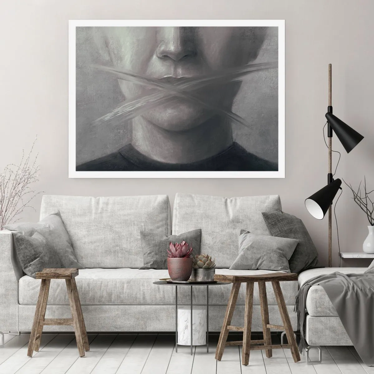 Póster - Un retrato simbólico con labios difuminados en tonos grises. - 100x70cm - Ni una palabra - Decoración de pared moderna para salón y dormitorio ARTTOR