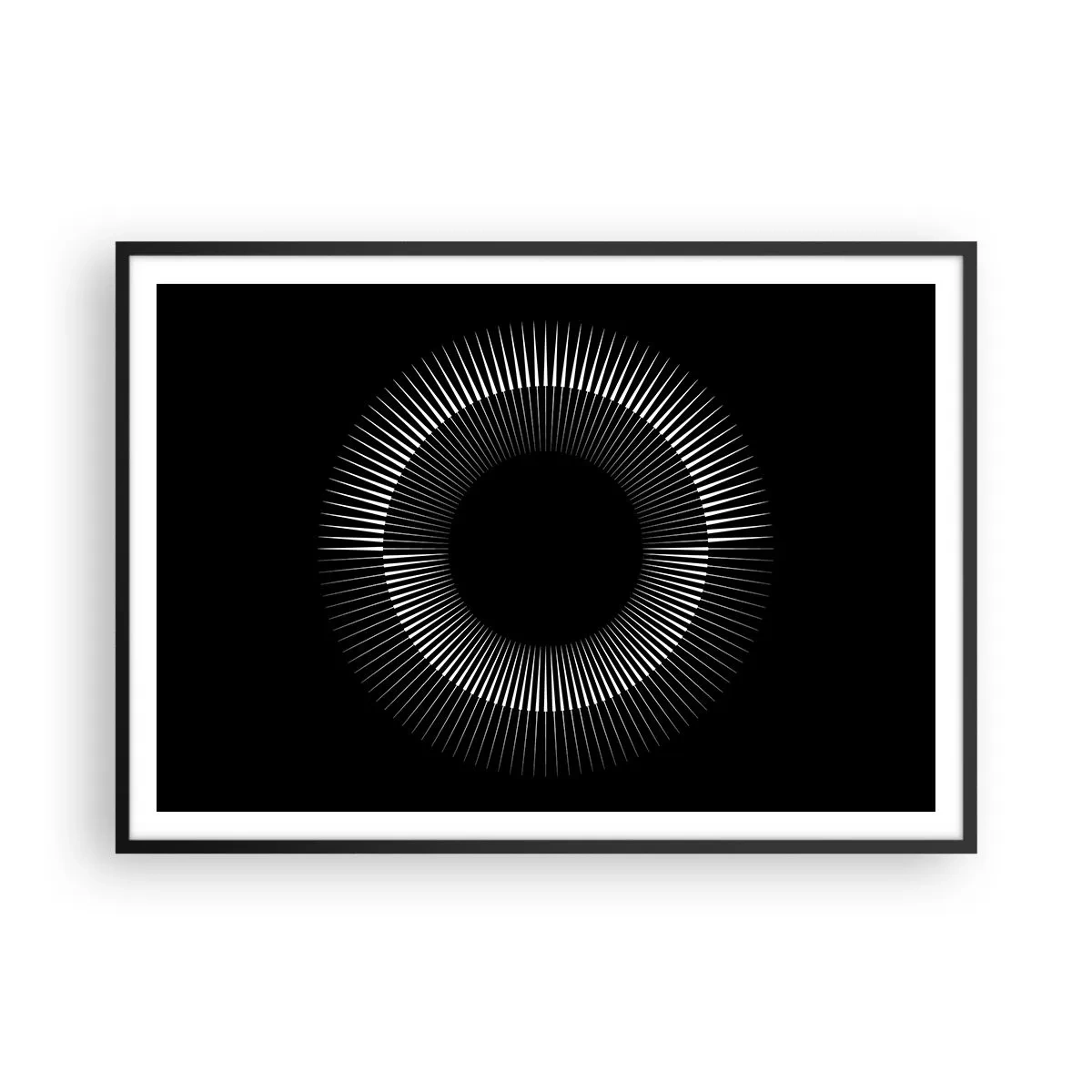 Póster en marco negro - Círculo gráfico con rayos en blanco y negro - 100x70cm - Sol negro - Decoración de pared moderna para salón y dormitorio ARTTOR