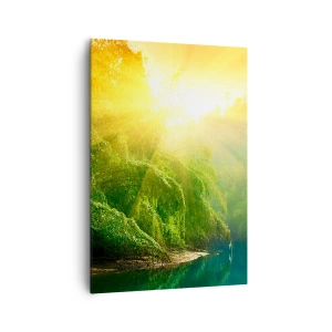 Cuadro sobre lienzo - Impresión de Imagen - Un bosque verde junto al río, iluminado por los rayos del sol naciente. - 70x100cm - Ahogarse en el sol y la sombra - Decoración de pared moderna para salón y dormitorio ARTTOR