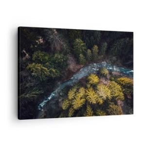 Cuadro sobre lienzo - Impresión de Imagen - Una vista desde arriba de un bosque con un río sinuoso. - 70x50cm - Rápido, cada vez más rápido - Decoración de pared moderna para salón y dormitorio ARTTOR