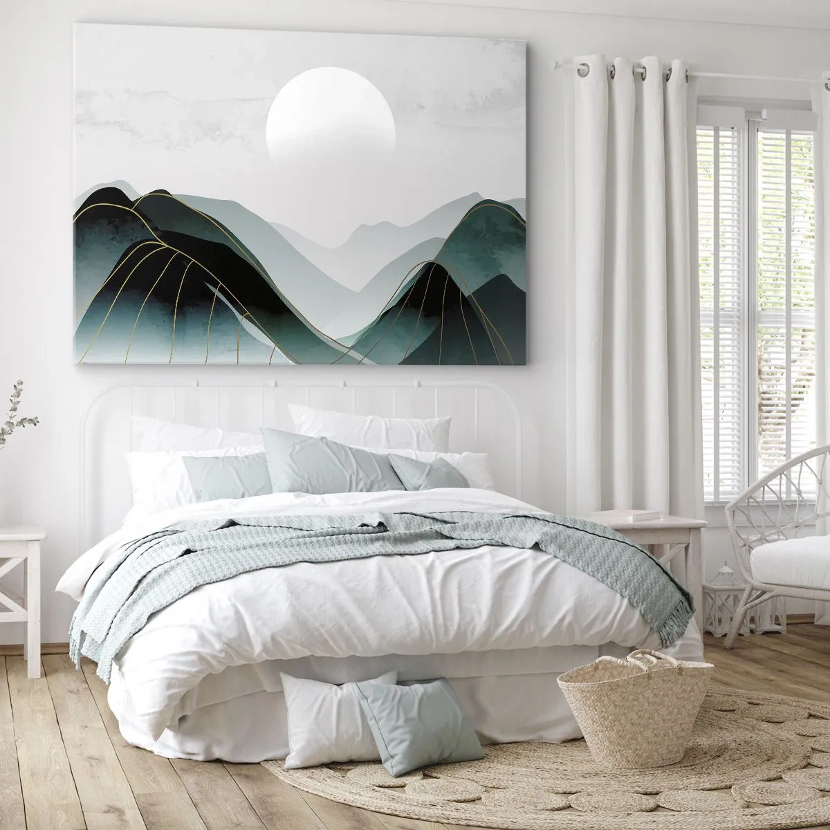 Cuadro sobre lienzo - Impresión de Imagen - Paisaje montañoso abstracto con la luna y líneas doradas. - 120x80cm - Con toda la majestuosidad - Decoración de pared moderna para salón y dormitorio ARTTOR