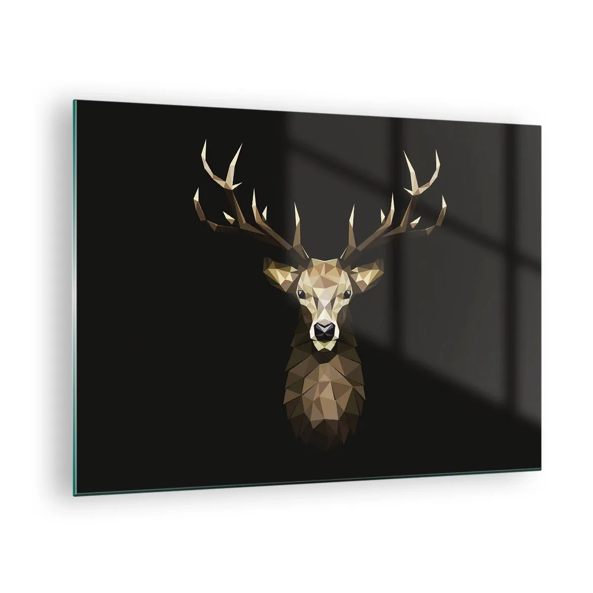 Cuadro sobre vidrio - Impresiones sobre Vidrio - Ciervo geométrico sobre fondo negro - 70x50cm - Ciervo cubista - Decoración de pared moderna para salón y dormitorio ARTTOR