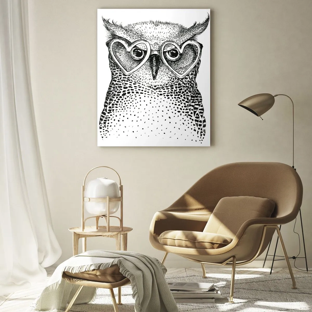Cuadro sobre vidrio - Impresiones sobre Vidrio - Ilustración de un búho con gafas en forma de corazón - 50x70cm - Con sabiduría y amor - Decoración de pared moderna para salón y dormitorio ARTTOR