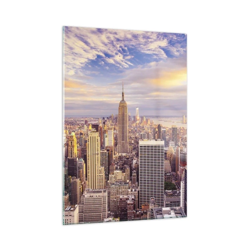 Cuadro sobre vidrio - Impresiones sobre Vidrio - Panorama de la ciudad con rascacielos al atardecer - 50x70cm - Alcanzar las nubes - Decoración de pared moderna para salón y dormitorio ARTTOR