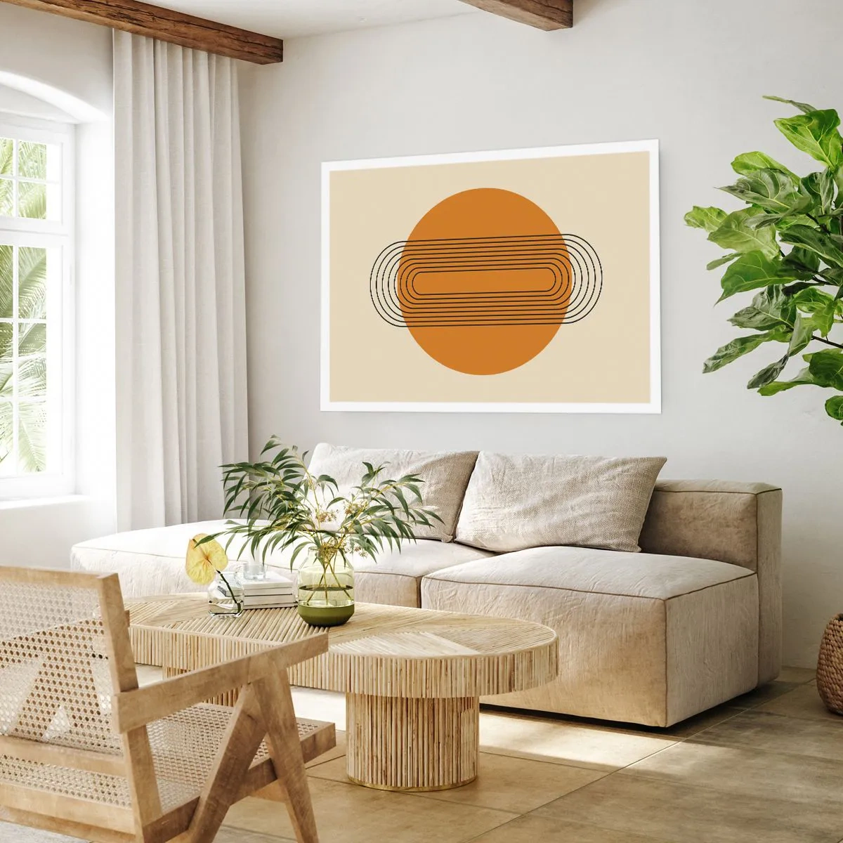 Póster - Patrón geométrico con círculos y líneas naranjas. - 100x70cm - El plan perfecto - Decoración de pared moderna para salón y dormitorio ARTTOR