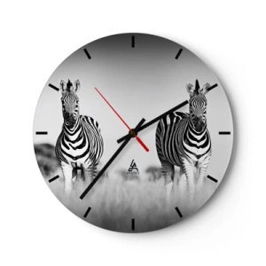 Reloj de pared - Reloj de vidrio - Dos cebras en la sabana en blanco y negro - 30x30cm - Resulta que el mundo es blanco y negro - Decoración de pared moderna para salón, cocina y dormitorio ARTTOR