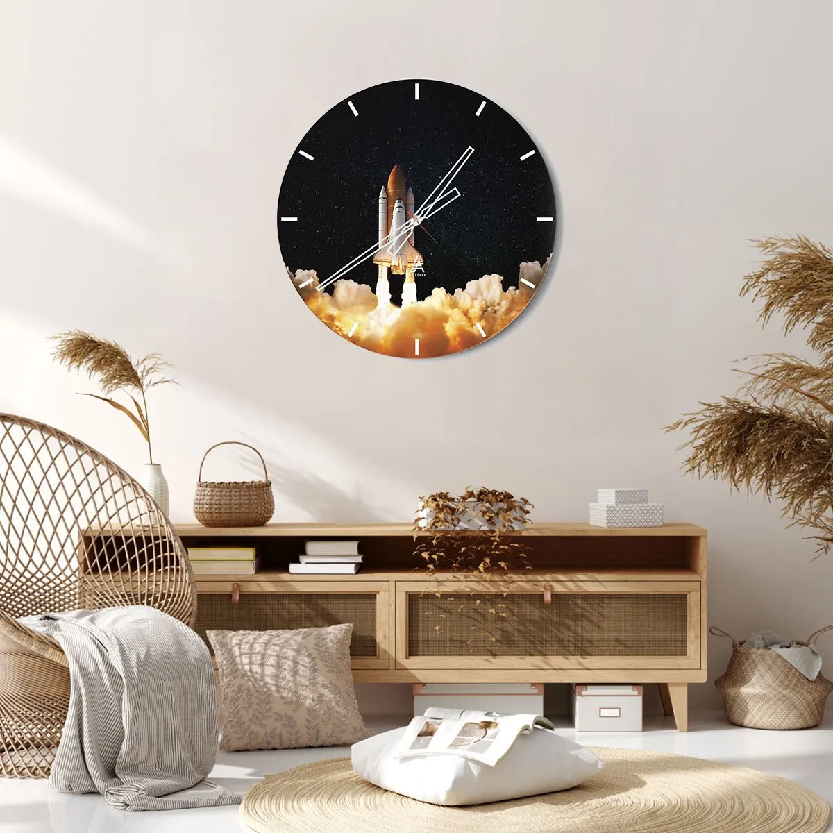 Reloj de pared - Reloj de vidrio - Un lanzamiento de un cohete espacial con el cielo estrellado como telón de fondo. - 30x30cm - ¡Ad astra! - Decoración de pared moderna para salón, cocina y dormitorio ARTTOR