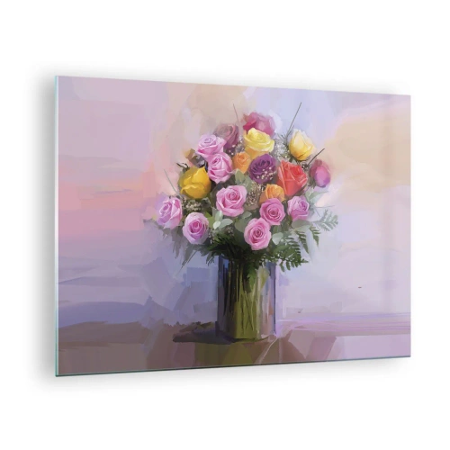 Cuadro sobre vidrio - Impresiones sobre Vidrio - Un ramo de rosas en un jarrón de cristal sobre un fondo pastel. - 70x50cm - Belleza inmortalizada - Decoración de pared moderna para salón y dormitorio ARTTOR