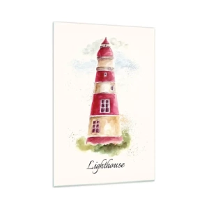 Cuadro sobre vidrio - Impresiones sobre Vidrio - Una pintura de acuarela de un faro sobre un fondo claro con una inscripción. - 70x100cm - Siempre observando - Decoración de pared moderna para salón y dormitorio ARTTOR