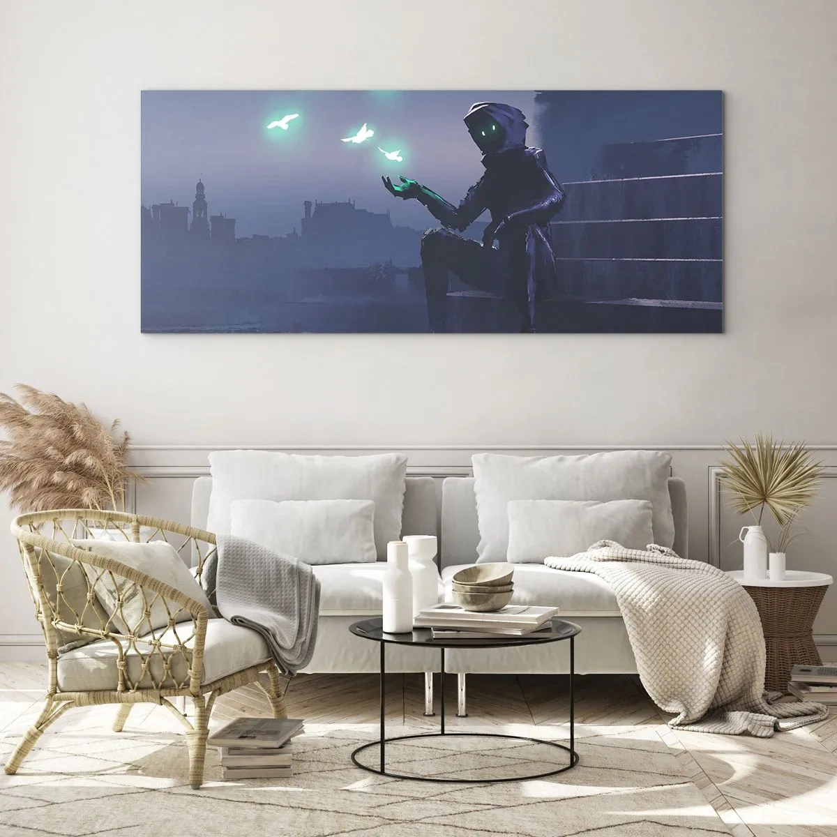 Cuadro sobre vidrio - Impresiones sobre Vidrio - Una figura encapuchada con pájaros mágicos en el fondo de una ciudad. - 120x50cm - La vida volverá - Decoración de pared moderna para salón y dormitorio ARTTOR