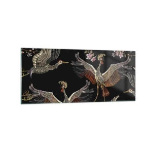 Cuadro sobre vidrio - Impresiones sobre Vidrio - Grullas y flores elegantes sobre un fondo negro. - 120x50cm - Aves de cuento de hadas - Decoración de pared moderna para salón y dormitorio ARTTOR