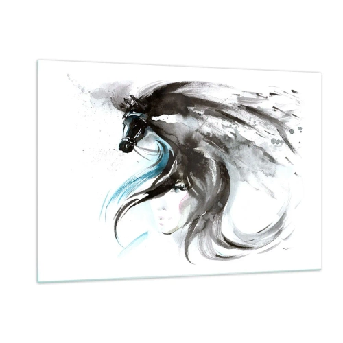 Cuadro sobre vidrio - Impresiones sobre Vidrio - Retrato de una mujer y un caballo en una composición artística y dinámica. - 120x80cm - El galope del Príncipe Negro - Decoración de pared moderna para salón y dormitorio ARTTOR