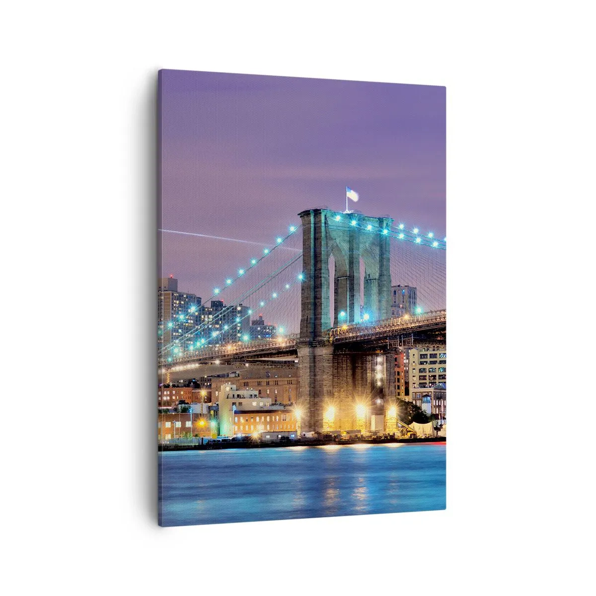 Cuadro sobre lienzo - Impresión de Imagen - Puente de Brooklyn de noche con la ciudad iluminada al fondo - 50x70cm - Durante muchos años, el puente de Brooklyn - Decoración de pared moderna para salón y dormitorio ARTTOR