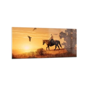 Cuadro sobre vidrio - Impresiones sobre Vidrio - Un jinete a caballo al atardecer contra la pradera. - 120x50cm - Solo a través de la pradera - Decoración de pared moderna para salón y dormitorio ARTTOR