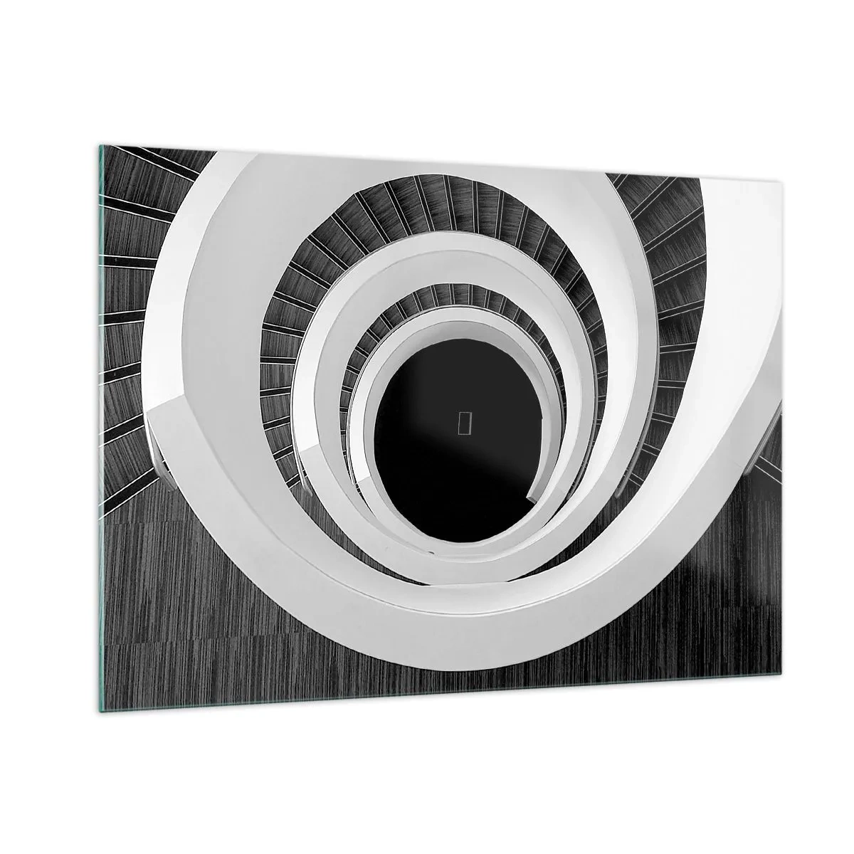 Cuadro sobre vidrio - Impresiones sobre Vidrio - Escalera de caracol en blanco y negro desde arriba - 100x70cm - Hacia el origen - Decoración de pared moderna para salón y dormitorio ARTTOR