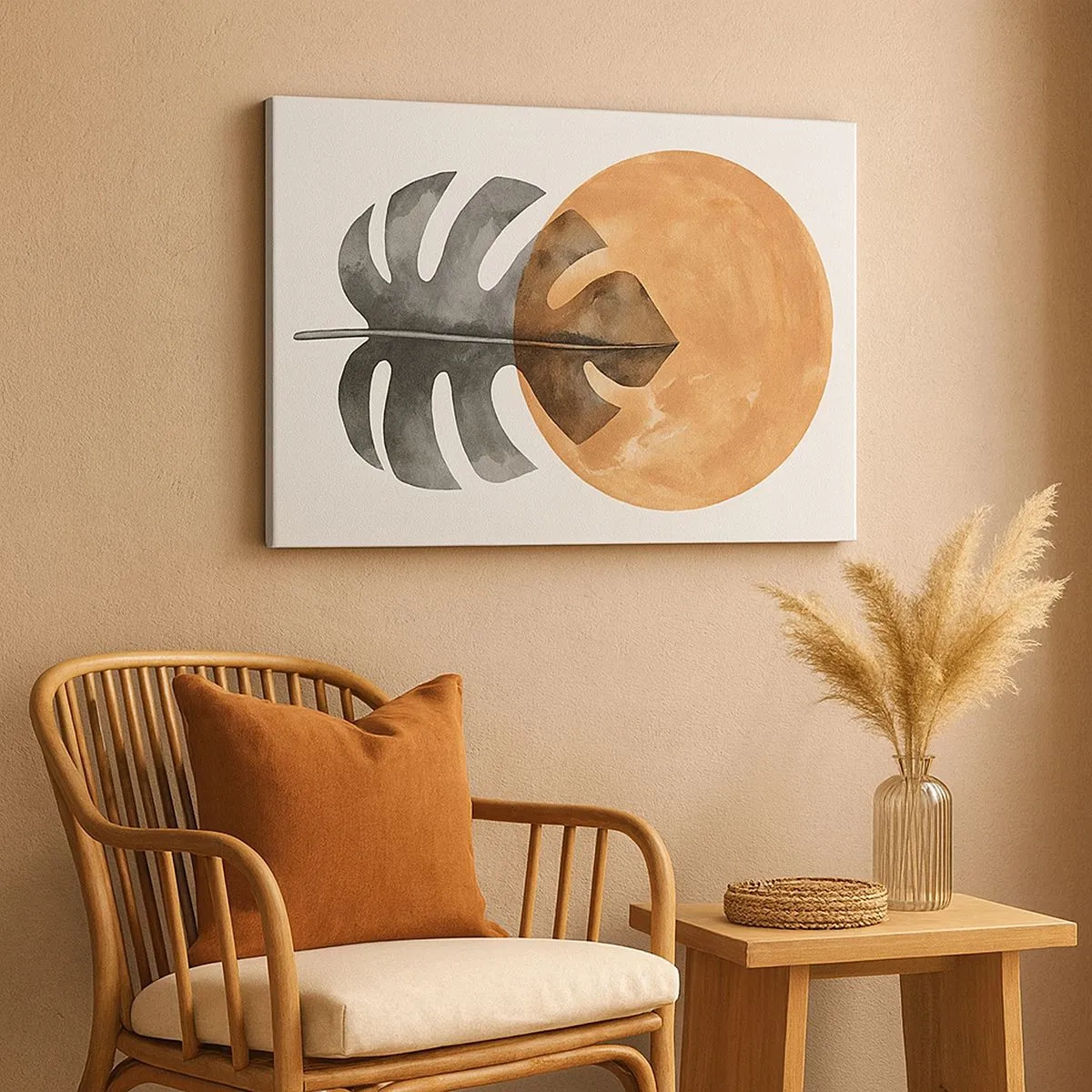 Cuadro sobre lienzo - Impresión de Imagen - Hoja de monstera y círculo dorado sobre un fondo claro - 70x50cm - Siempre el sol - Decoración de pared moderna para salón y dormitorio ARTTOR