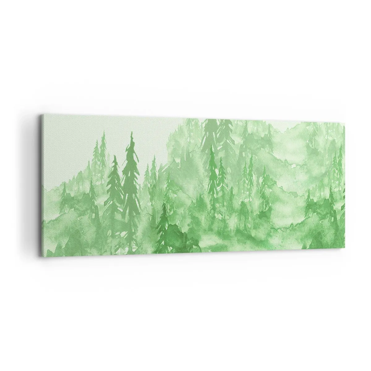 Cuadro sobre lienzo - Impresión de Imagen - Bosque verde en estilo acuarela sobre un fondo claro - 120x50cm - Difuminado con niebla verde - Decoración de pared moderna para salón y dormitorio ARTTOR