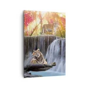 Cuadro sobre lienzo - Impresión de Imagen - Tigres en una cascada en el bosque otoñal - 70x100cm - Paisaje surrealista    - Decoración de pared moderna para salón y dormitorio ARTTOR