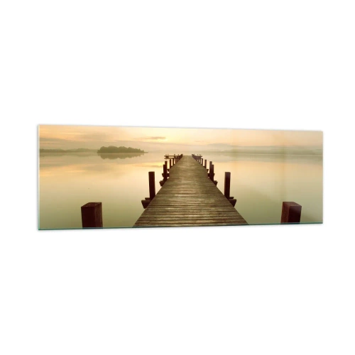 Cuadro sobre vidrio - Impresiones sobre Vidrio - Un embarcadero de madera en un lago tranquilo por la mañana. - 160x50cm - Antes del amanecer, al amanecer, la luz - Decoración de pared moderna para salón y dormitorio ARTTOR