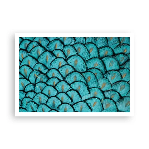 Póster - Un patrón que se asemeja a escamas turquesas con acentos dorados. - 100x70cm - La gran gala de las plumas - Decoración de pared moderna para salón y dormitorio ARTTOR